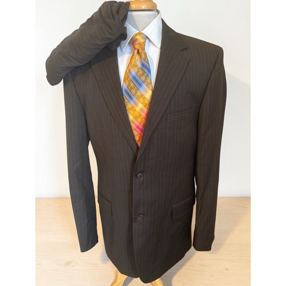 Andrew Fezza Suit 42L Pants 36 x 33 Brown Pin Stripe 100% Wool Mens Modern
